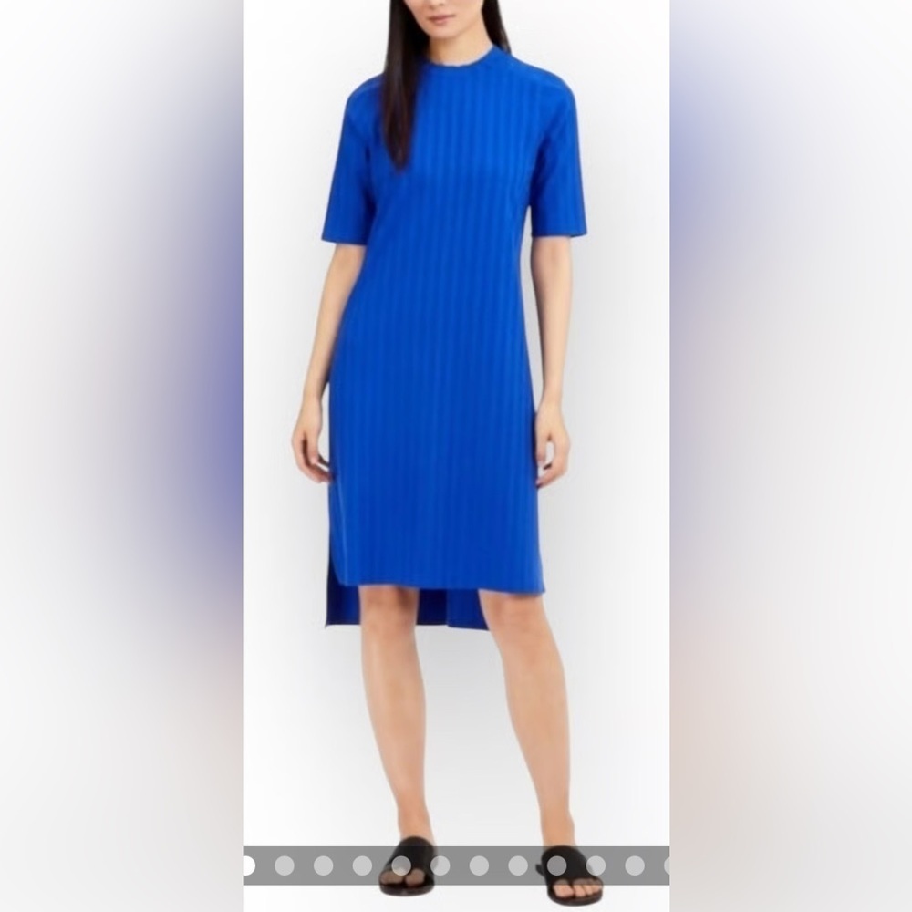 Eileen Fisher Ribbed Mock-Neck Dress Royal Blue Size medium Shift Short Sleeve